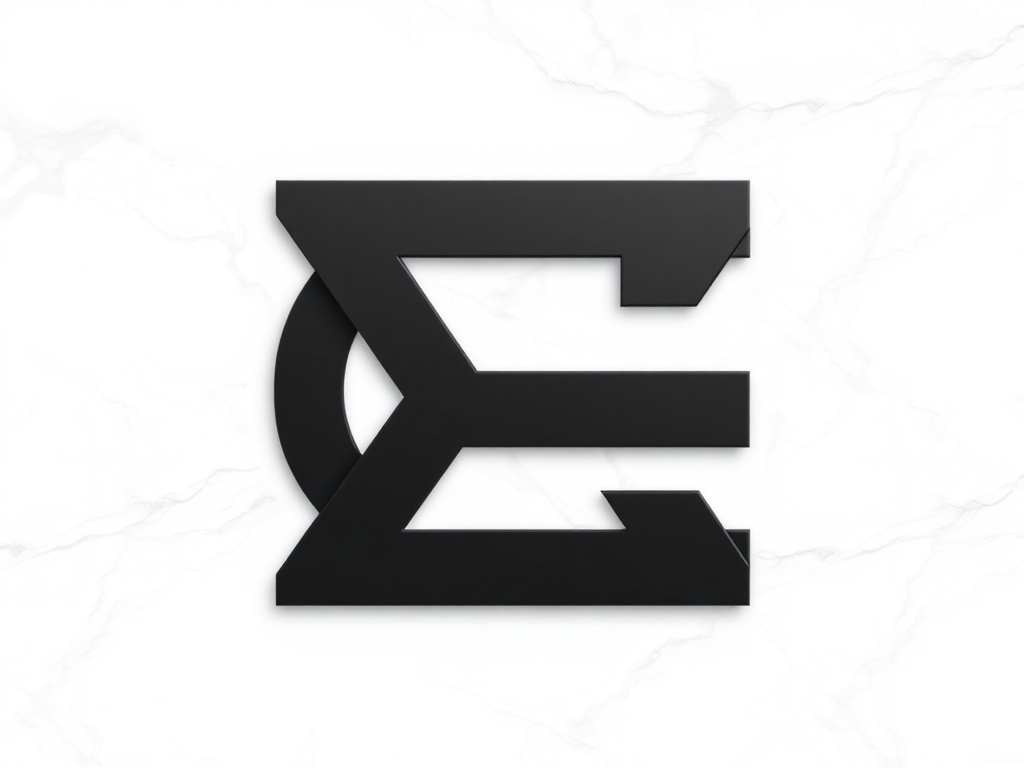 A sleek, modern geometric mark combining a stylized 'C' and 'E' with subtle negative space. The design is matte black on a white marble background, with soft studio lighting creating a slight glossy reflection. 8k vector rendered.